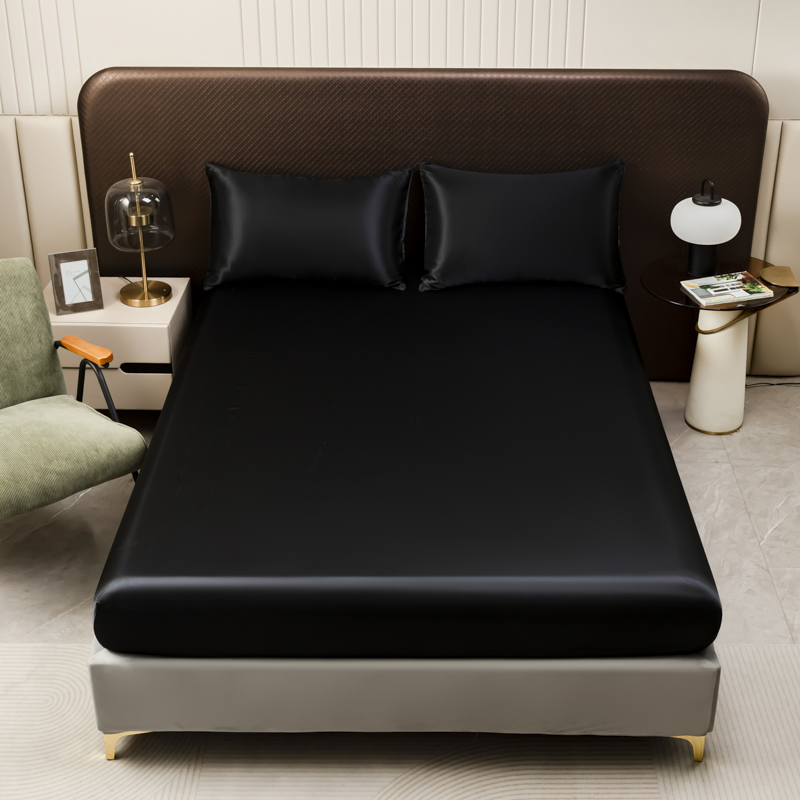 Silk Sheet Set - 블랙 새틴 장착 시트, 단색 트윈